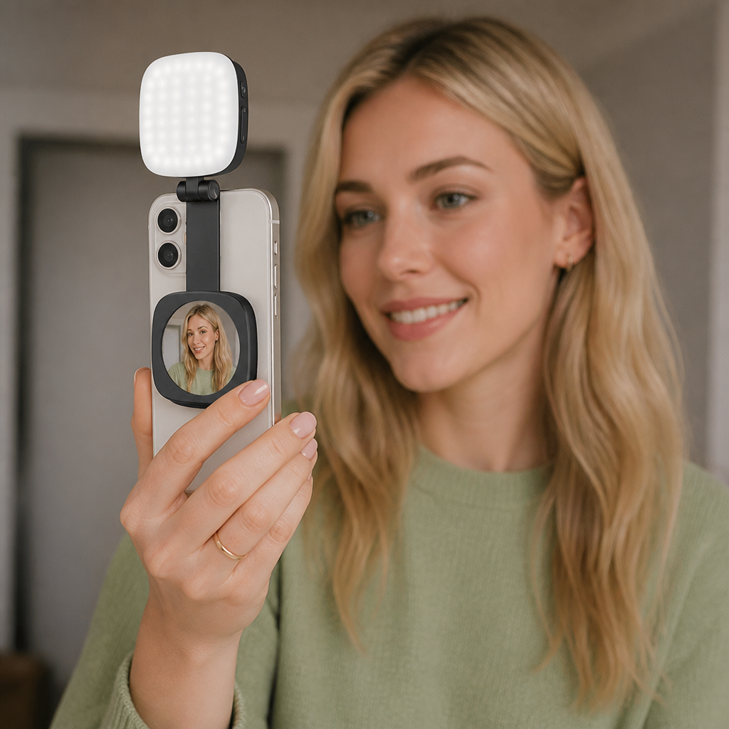 Magnetic LED Selfie & Beauty Light for Smartphones – Foldable, Portable with Mirror