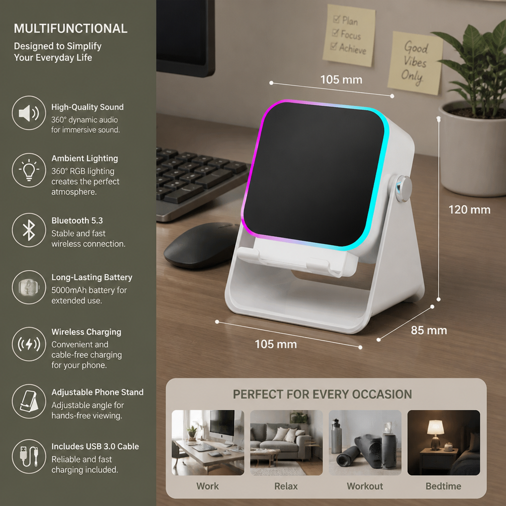 Multifunctional Bluetooth Speaker – With Lighting, Wireless Charging and Adjustable Phone Holder