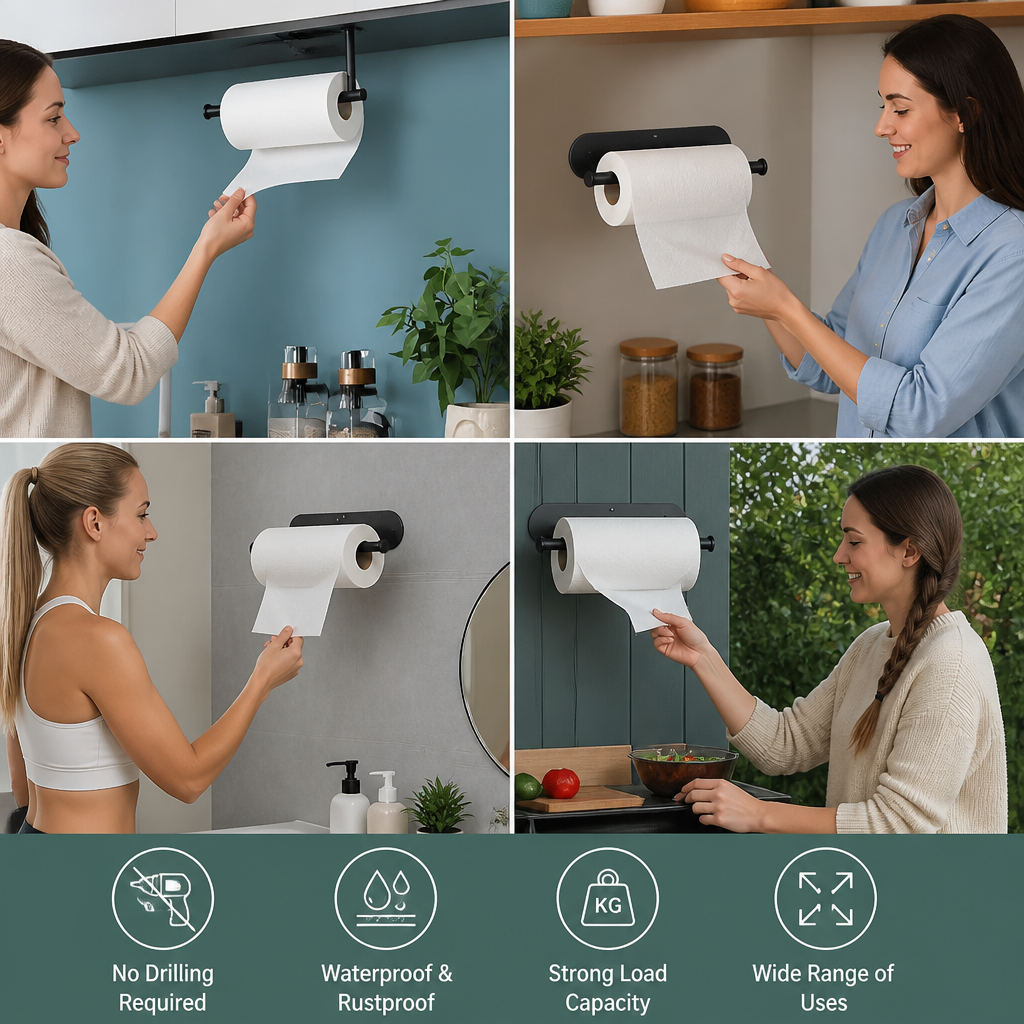 Modern Stainless Steel Roll Holder – Drill-Free Mount for Versatile Use