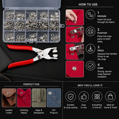 Stainless Steel Snap Fastener Tool Kit – Metal Button Repair Set for Clothing, Leather & Crafts