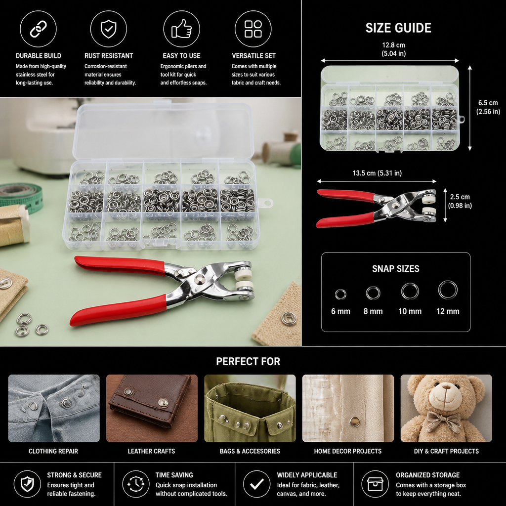Stainless Steel Snap Fastener Tool Kit – Metal Button Repair Set for Clothing, Leather & Crafts