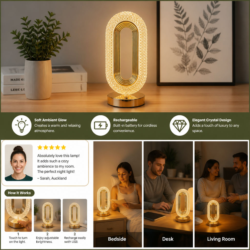 Rechargeable Crystal LED Table Lamp – Elegant Ambient Night Light