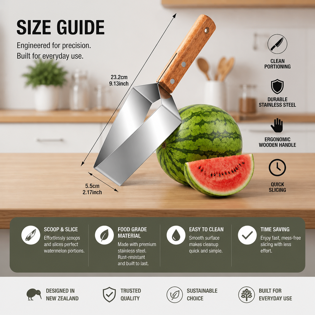 Stainless Steel Watermelon Slicer with Wooden Handle – Clean & Quick Portioning