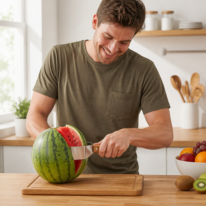 Stainless Steel Watermelon Slicer with Wooden Handle – Clean & Quick Portioning