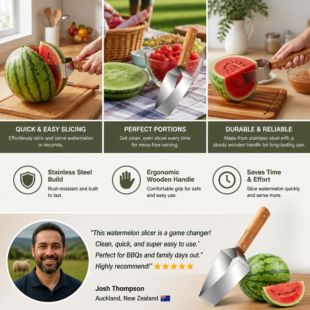 Stainless Steel Watermelon Slicer with Wooden Handle – Clean & Quick Portioning