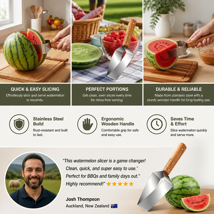 Stainless Steel Watermelon Slicer with Wooden Handle – Clean & Quick Portioning