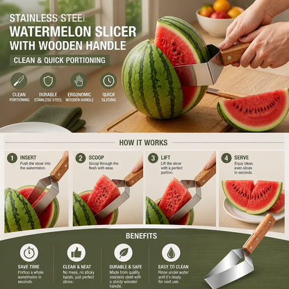 Stainless Steel Watermelon Slicer with Wooden Handle – Clean & Quick Portioning