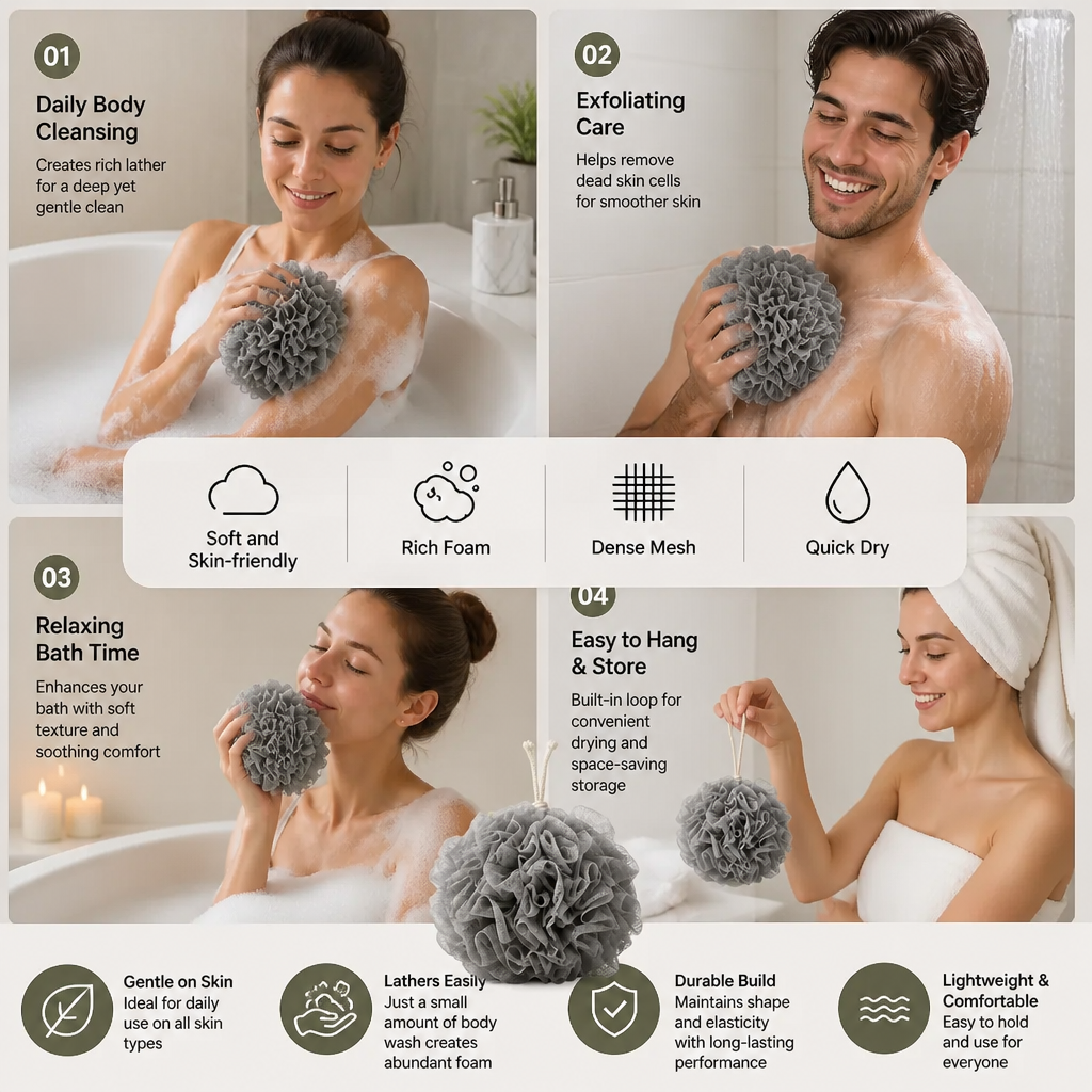 Practical bath sponge with drawstring – for extra foam and gentle skin cleansing