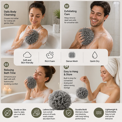 Practical bath sponge with drawstring – for extra foam and gentle skin cleansing