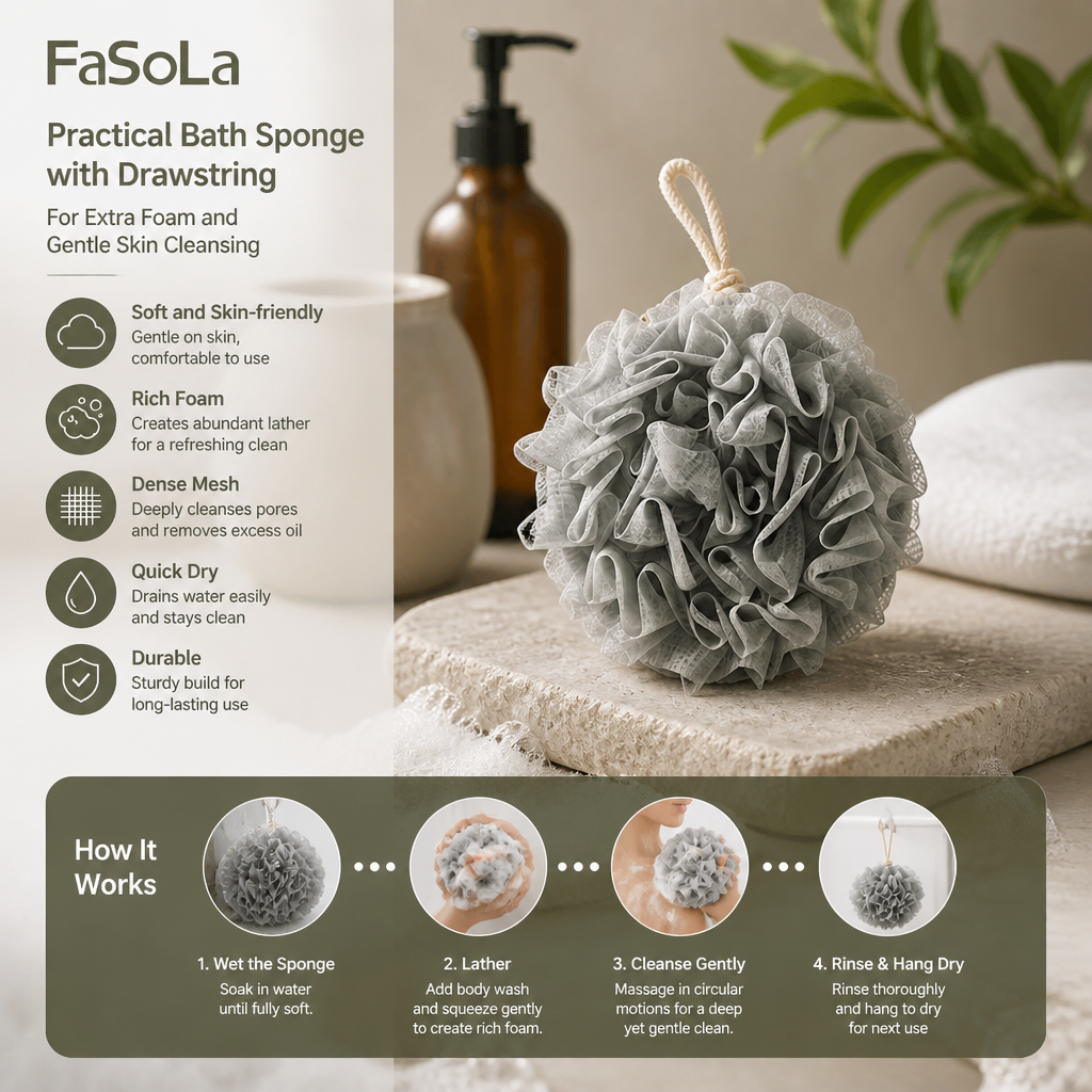 Practical bath sponge with drawstring – for extra foam and gentle skin cleansing