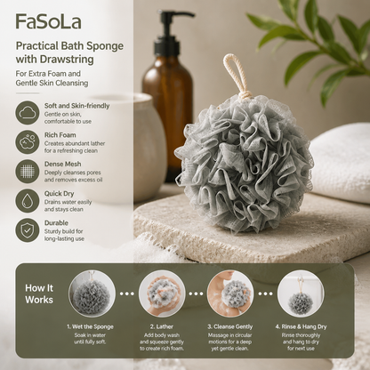 Practical bath sponge with drawstring – for extra foam and gentle skin cleansing