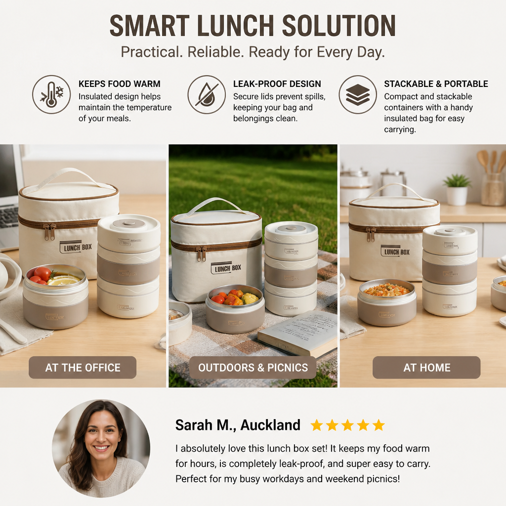 3-Piece Lunch Box Set – Insulated, Leak-Proof & Practical for On-the-Go