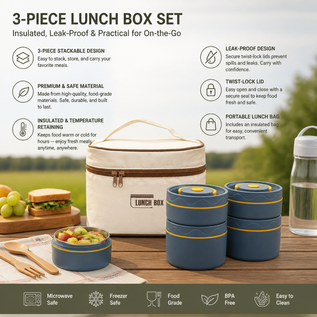 3-Piece Lunch Box Set – Insulated, Leak-Proof & Practical for On-the-Go