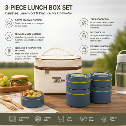 3-Piece Lunch Box Set – Insulated, Leak-Proof & Practical for On-the-Go
