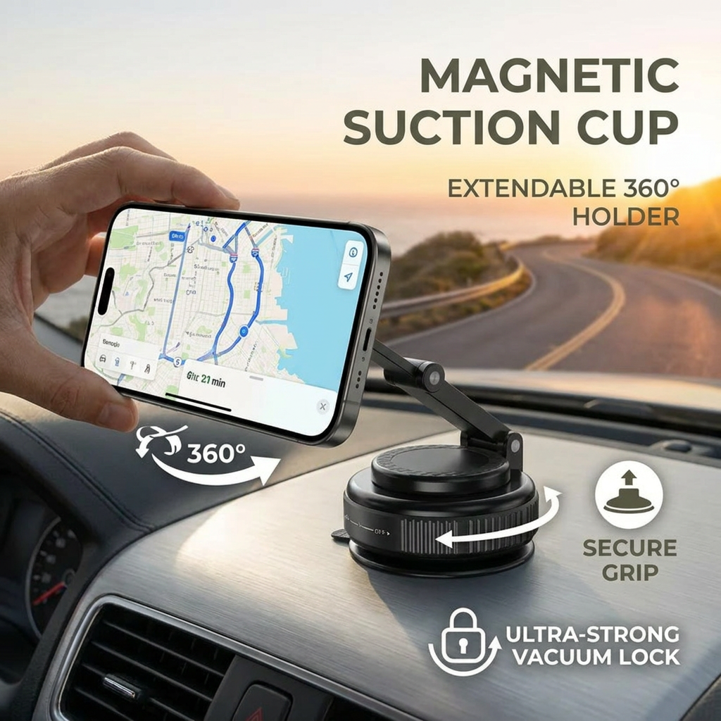 Magnetic Suction Cup – Extendable 360° Phone Holder with Vacuum Lock