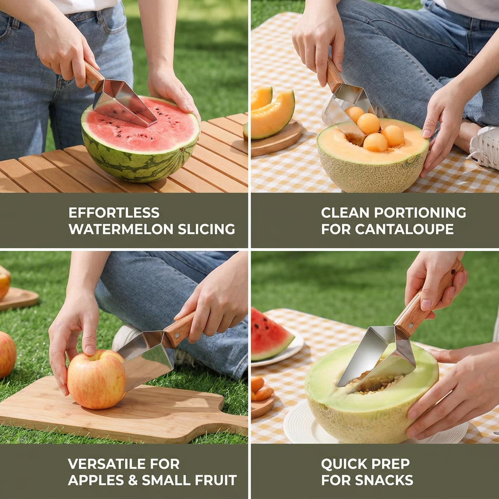 Stainless Steel Watermelon Slicer with Wooden Handle – Clean & Quick Portioning