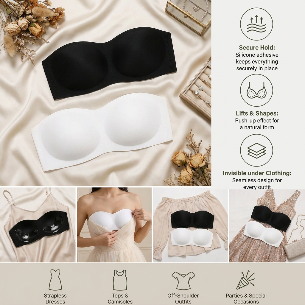 Strapless Bandeau Push-Up Bra – Non-Slip, Supportive & Seamless for Maximum Hold