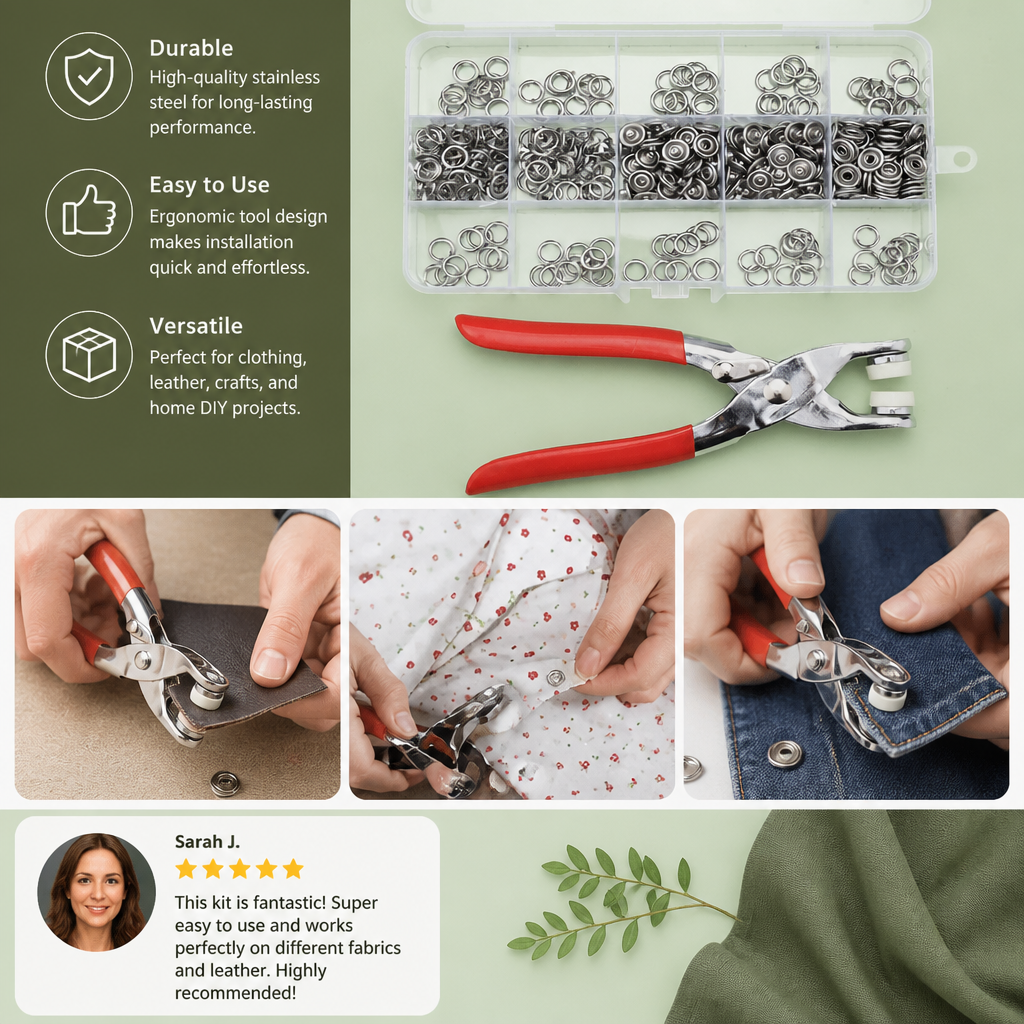 Stainless Steel Snap Fastener Tool Kit – Metal Button Repair Set for Clothing, Leather & Crafts