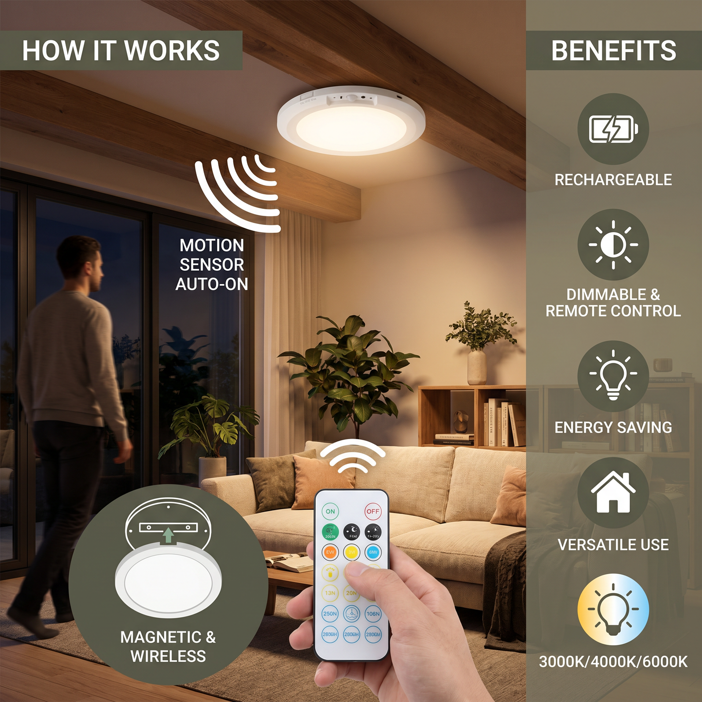 Dimmable rechargeable ceiling light with motion sensor – magnetic & wireless