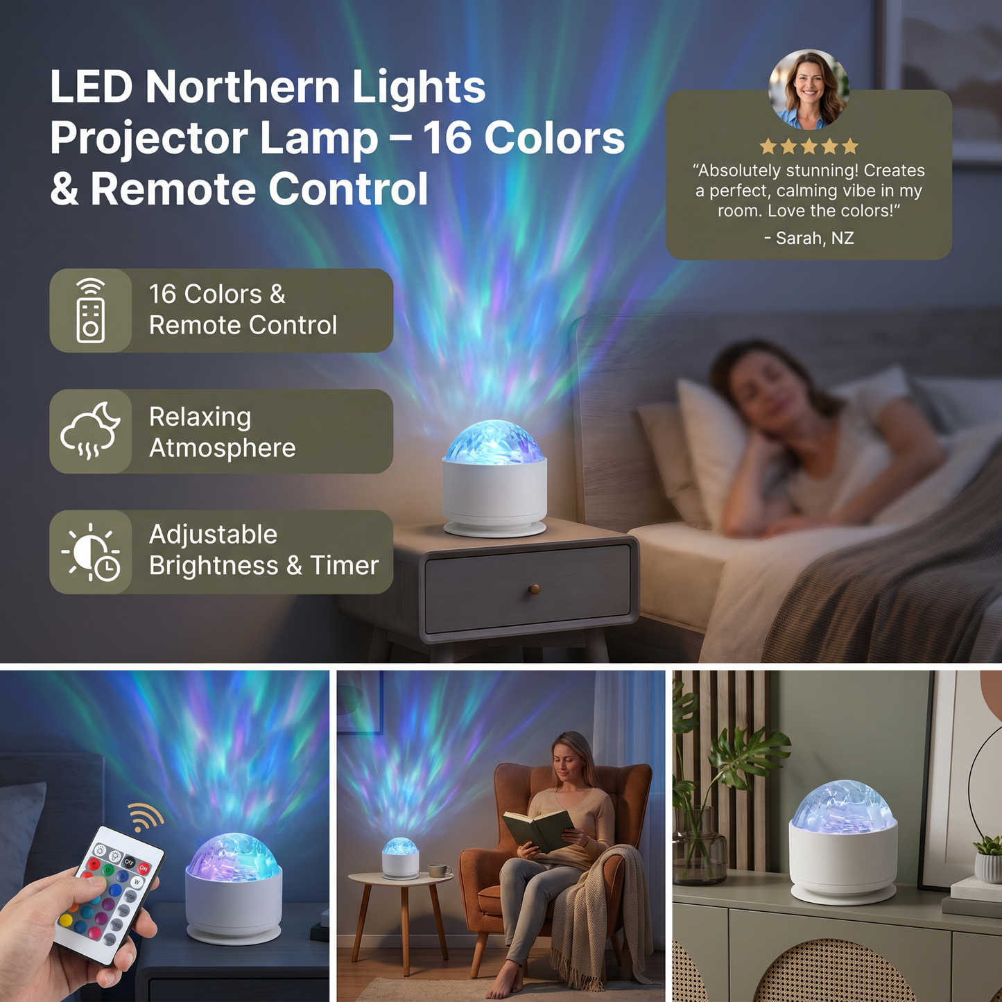 LED Northern Lights Projector Lamp – 16 Colors & Remote Control