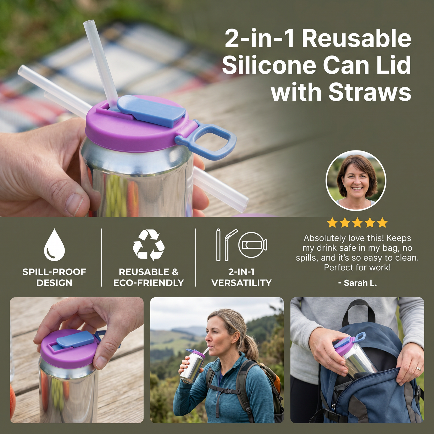 2-in-1 Reusable Silicone Can Lid with Straws – Spill-Proof Drink Cover for On-the-Go