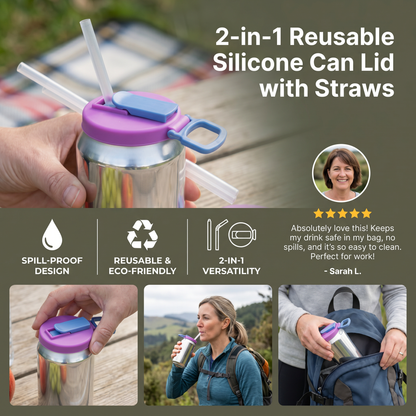 2-in-1 Reusable Silicone Can Lid with Straws – Spill-Proof Drink Cover for On-the-Go