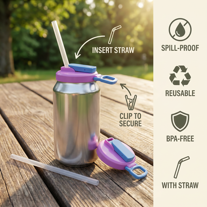 2-in-1 Reusable Silicone Can Lid with Straws – Spill-Proof Drink Cover for On-the-Go