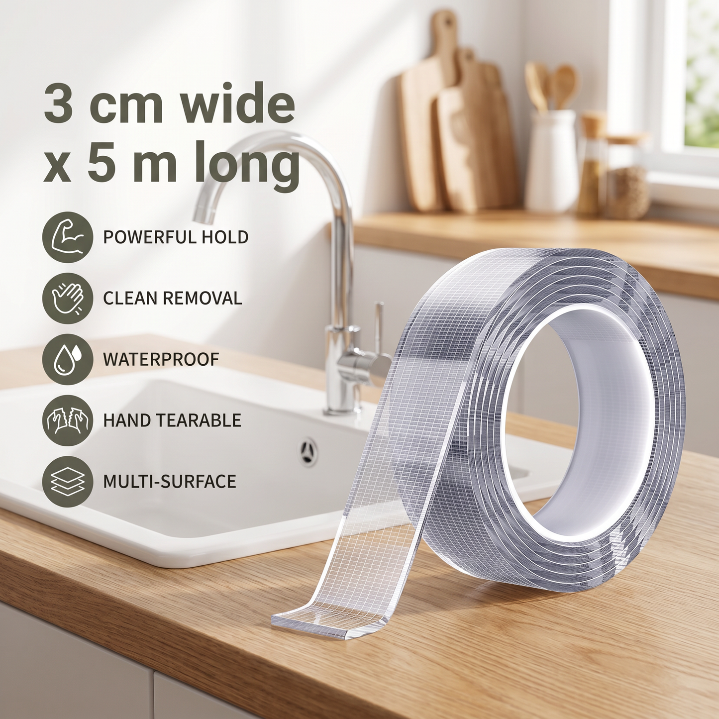 Transparent double-sided tape – powerful hold & clean removal