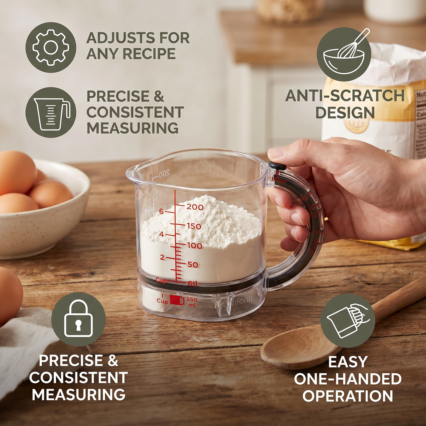 Adjustable Measuring Cup – Multifunctional Kitchen Tool with Scraper and Sealing Base