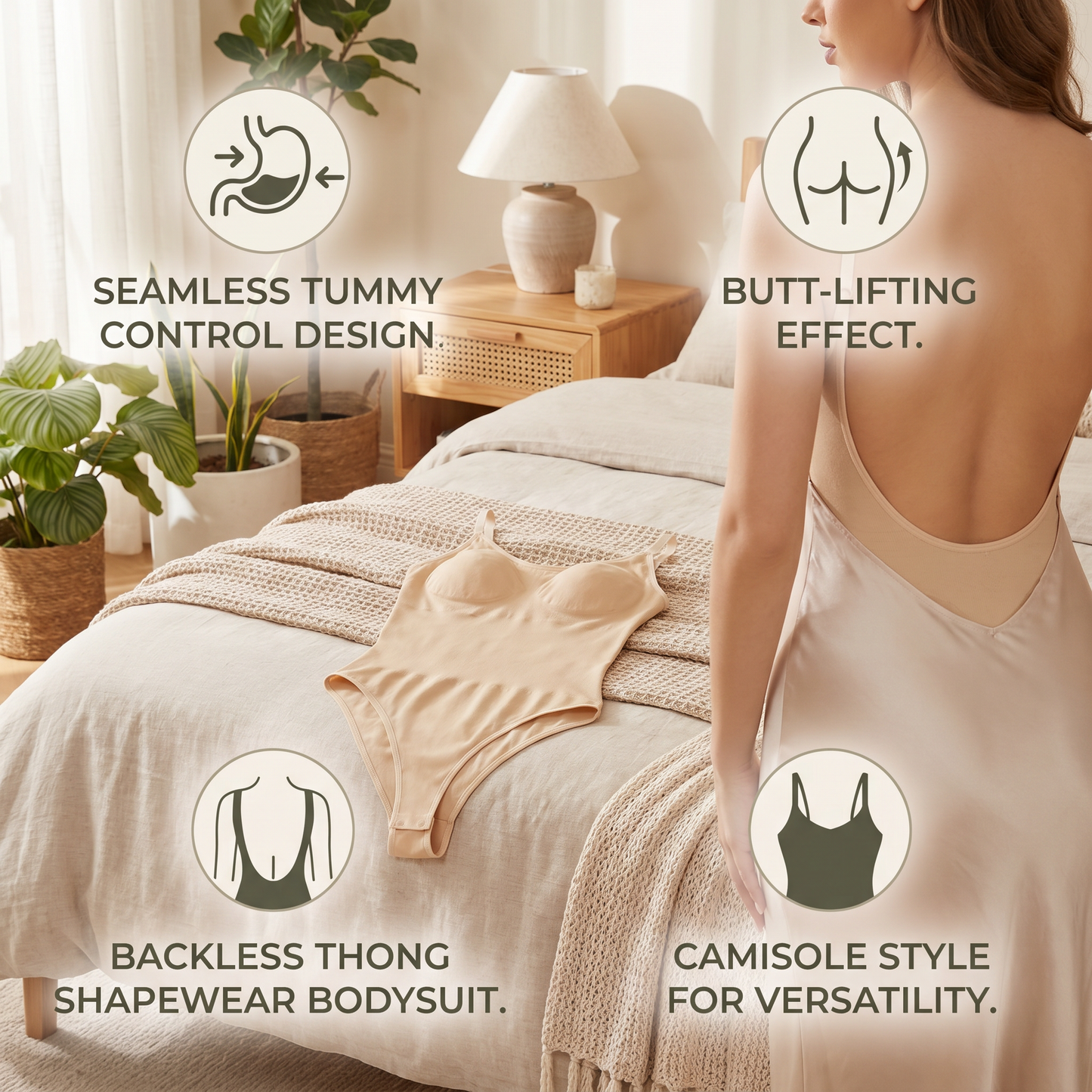 Backless Thong Shapewear Bodysuit – Seamless Tummy Control Design with Butt-Lifting Effect and Camisole Style