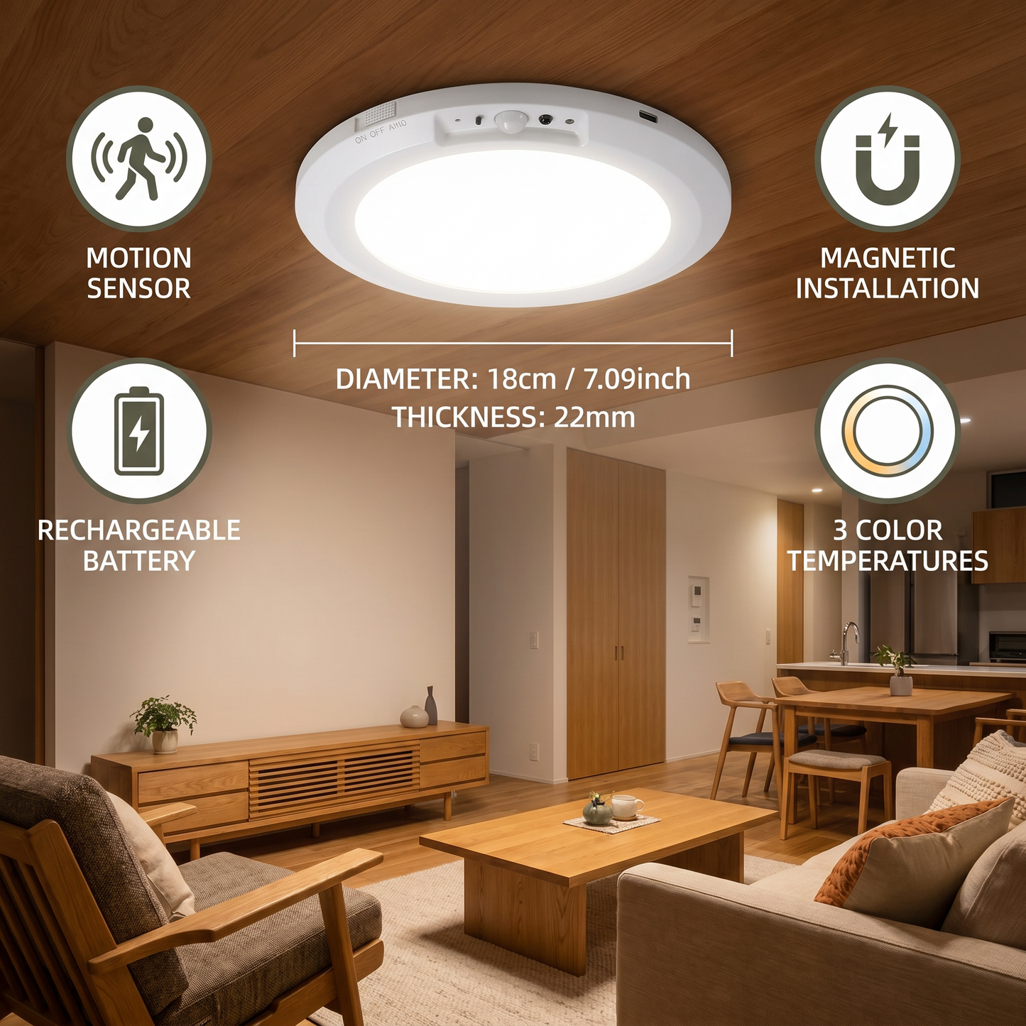 Dimmable rechargeable ceiling light with motion sensor – magnetic & wireless