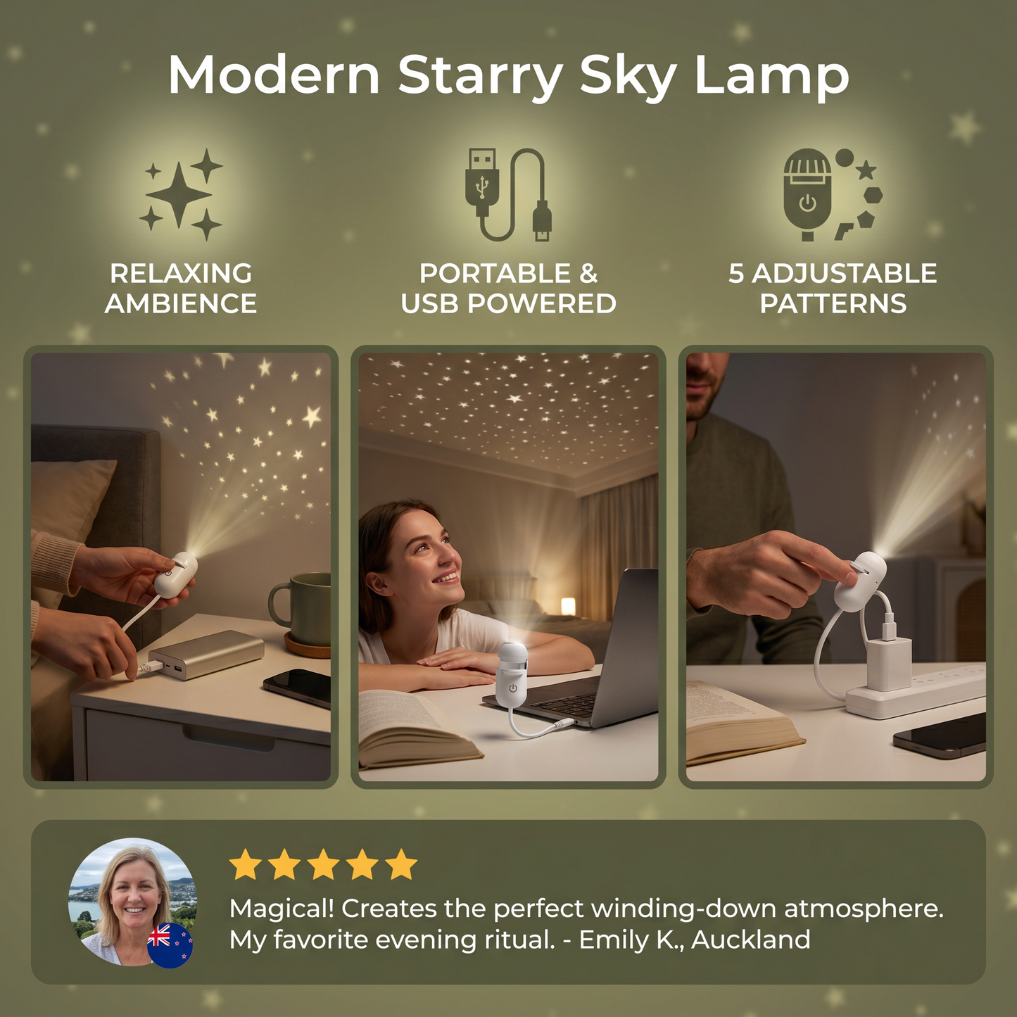 Modern Starry Sky Lamp – USB Mini Projector Night Light for Bedroom & Relaxing Ambience incl. 5 Patterns