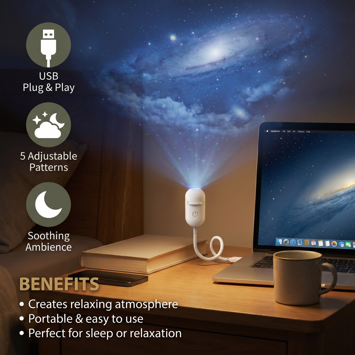 Modern Starry Sky Lamp – USB Mini Projector Night Light for Bedroom & Relaxing Ambience incl. 5 Patterns