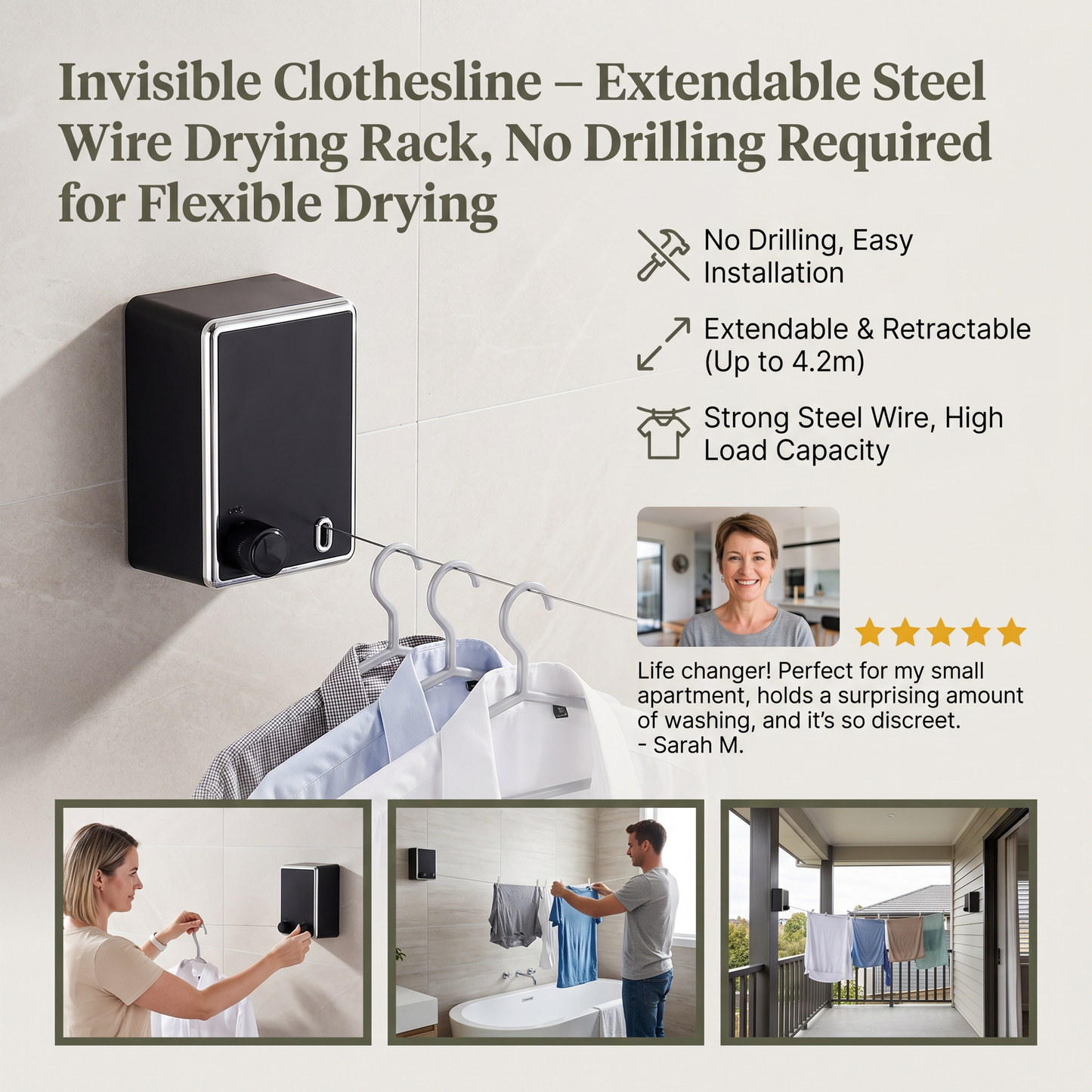 Invisible Clothesline – Extendable Steel Wire Drying Rack, No Drilling Required for Flexible Drying