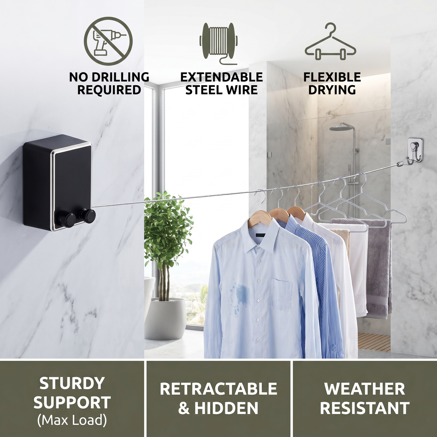 Invisible Clothesline – Extendable Steel Wire Drying Rack, No Drilling Required for Flexible Drying