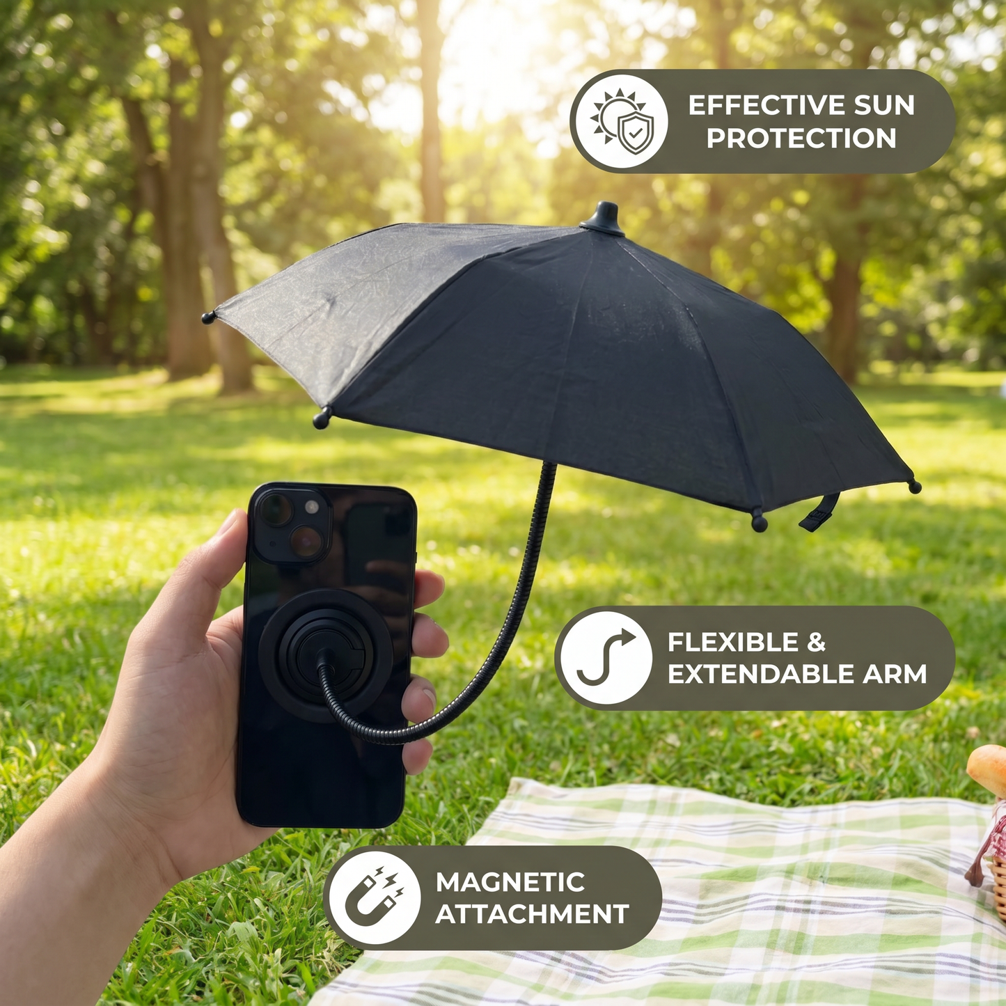 Magnetic Mini Phone Sunshade – Extendable Holder for Flexible Sun Protection on the Go