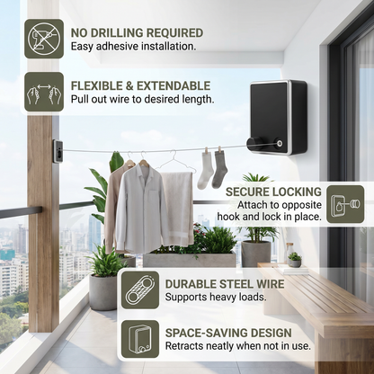 Invisible Clothesline – Extendable Steel Wire Drying Rack, No Drilling Required for Flexible Drying