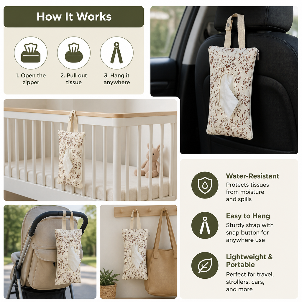 Hanging Tissue Holder for Strollers, Cribs & Cars