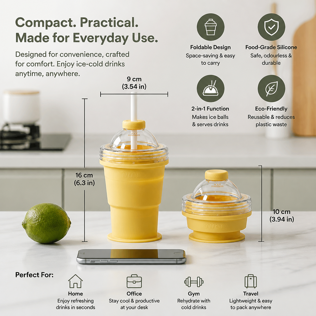 2-in-1 Ice Cube Cup – Foldable, with Straw & Silicone Mold for On-the-Go Use