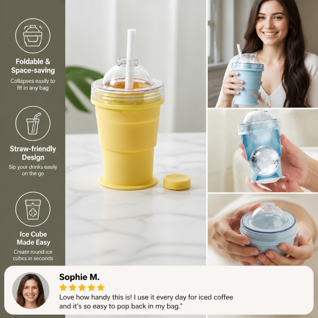 2-in-1 Ice Cube Cup – Foldable, with Straw & Silicone Mold for On-the-Go Use