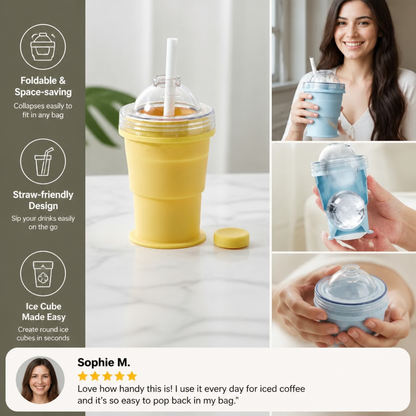 2-in-1 Ice Cube Cup – Foldable, with Straw & Silicone Mold for On-the-Go Use