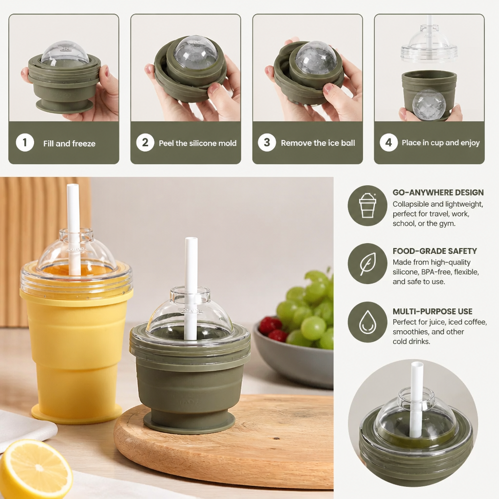 2-in-1 Ice Cube Cup – Foldable, with Straw & Silicone Mold for On-the-Go Use