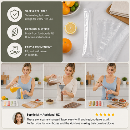 Practical DIY Ice Pop Bags (100 Pieces) – Self-Sealing Disposable Molds for Homemade Ice Sticks