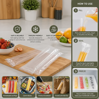 Practical DIY Ice Pop Bags (100 Pieces) – Self-Sealing Disposable Molds for Homemade Ice Sticks