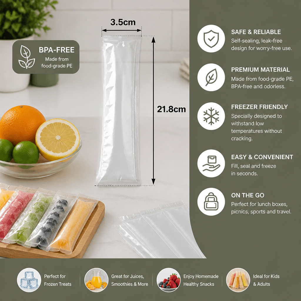 Practical DIY Ice Pop Bags (100 Pieces) – Self-Sealing Disposable Molds for Homemade Ice Sticks