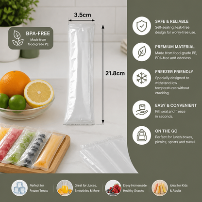 Practical DIY Ice Pop Bags (100 Pieces) – Self-Sealing Disposable Molds for Homemade Ice Sticks