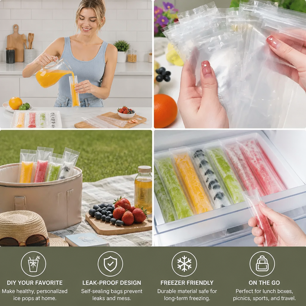 Practical DIY Ice Pop Bags (100 Pieces) – Self-Sealing Disposable Molds for Homemade Ice Sticks