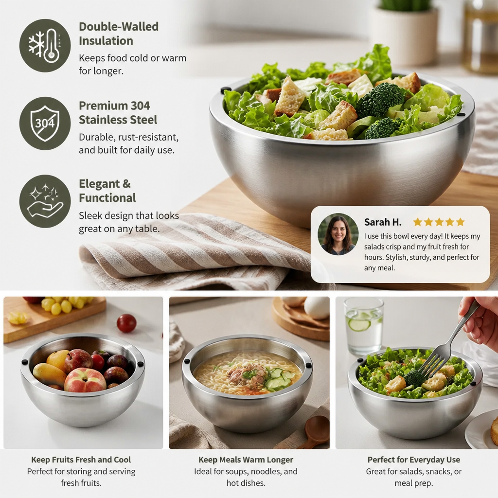 Double-Walled Stainless Steel Bowl for Keeping Food Cold or Warm