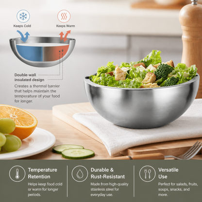 Double-Walled Stainless Steel Bowl for Keeping Food Cold or Warm