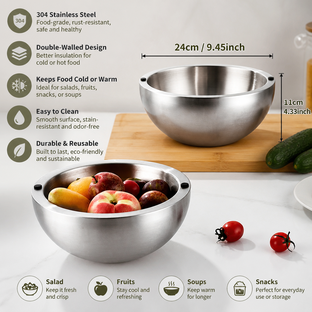 Double-Walled Stainless Steel Bowl for Keeping Food Cold or Warm